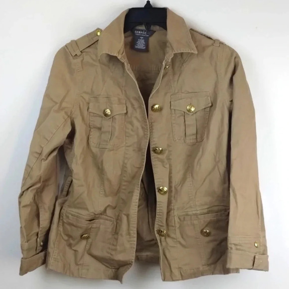 Ladies Tan Button Up Jean Jacket Women's Long Sleeve Blazer - Picture 1 of 3